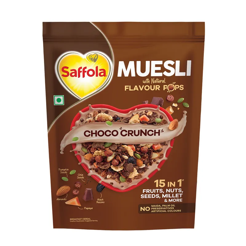 Saffola Muesli Choco Crunch with Flavour Pops, 450g | 15 in 1 Fruit and Nuts, Seeds, Millet & more | Cereals for breakfast with wholegrain, protein, fibre Saffola Muesli Choco Crunch with Flavour Pops, 450g | 15 in 1 Fruit and Nuts, Seeds, Millet & more |